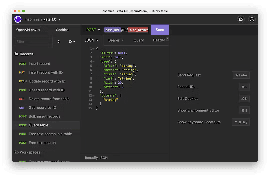 Xata API in Insomnia